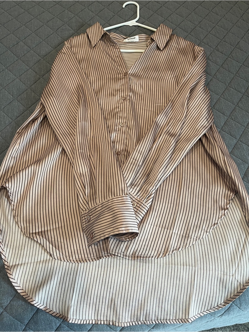 Sexy Workshop Clothing Taupe and Plum Striped Button-Down Blous